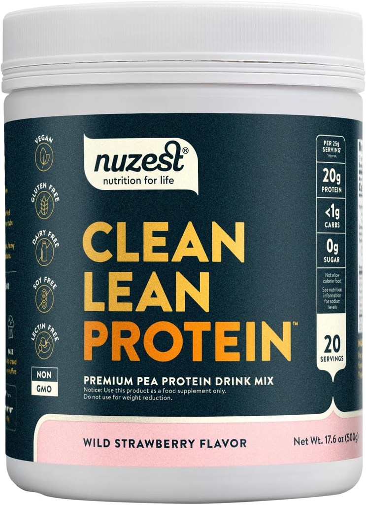 Nuzest - Pea Protein Powder - Clean Lean Protein, Premium Vegan Plant Based Protein Powder, Dairy Free, Gluten Free, GMO Free, Protein Shake (1.1 libras (Pack of 1), Wild Strawberry)