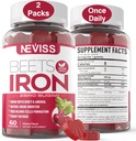 Beet Root Gummies with Iron, Methyl B12, Folate, Vitamin C - Increase Nitric Oxide & Iron Levels, Energy Support, Fight Fatigue, Beetroot & Gentle Iron Supplement, Sugar Free, 120 Count