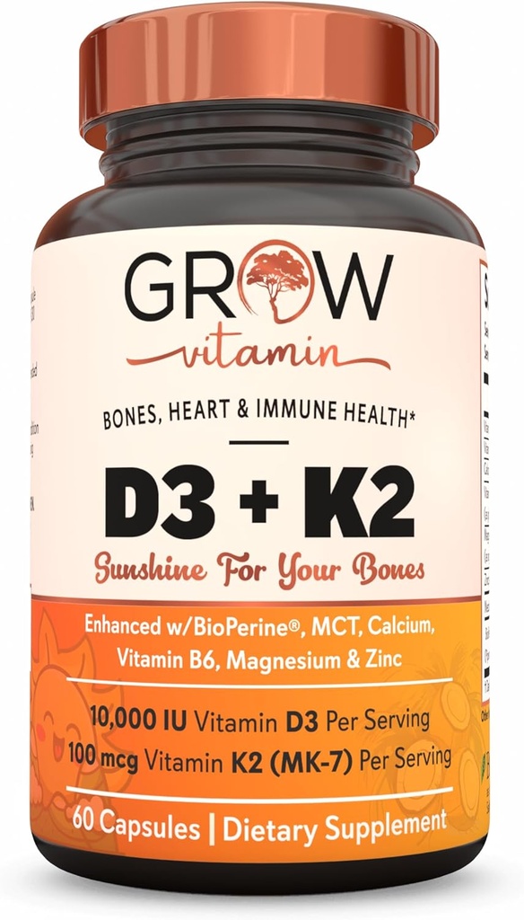 vitamina D3 K2 w/MCT Aceite - 10.000 UI D3, 100 mcg K2 MK7, Calcio, Zinc, BioPerine, Magnesio para Absorción Superior - 60 cápsulas