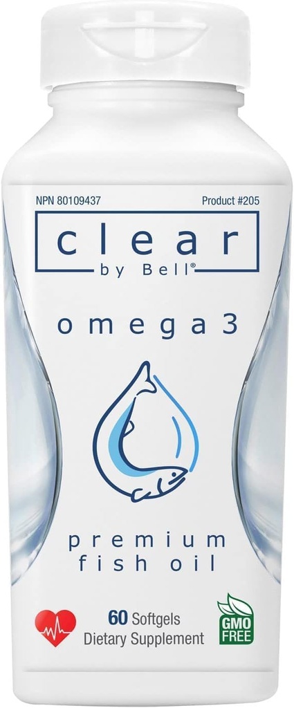 Bell Clear Pure Omega 3 Fish Oil Suplementos, 2000 mg por Serving - Burp Free Premium, Clean and Clear, No Fishy Taste y No Repitos (burps), Cholesterol Free, GMO y Allergen Free, 60 Softgels