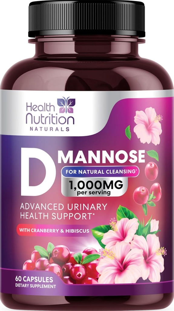 D-Mannose Suplemento 1,350mg - con arándano, Hibiscus &amp; Dandelion - Acción rápida, Natural Urinary Tract &amp; Bladder Support for Women &amp; Men - Flush &amp; Cleanse Impurities - Non-GMO, Vegan - 60 cápsulas