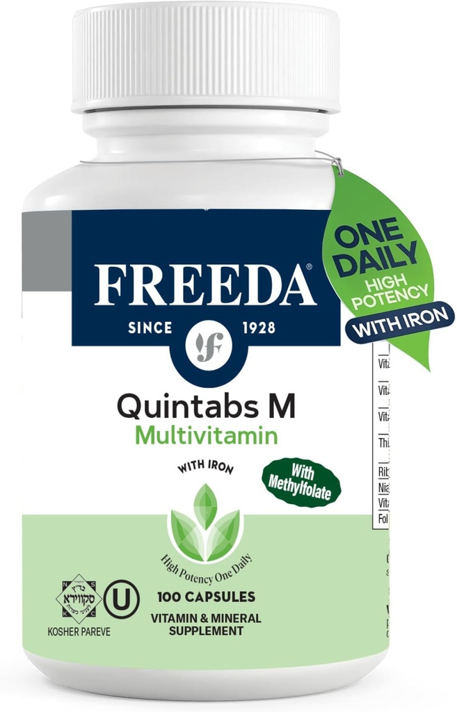 FREEDA Multivitamínico – Quintabs-M con hierro – Kosher Multi Vitaminas Suplementos para la Salud de las Mujeres - Multivitaminas para hombres deficientes de Hierro Vitaminas de Adulto Multivitamina (100)