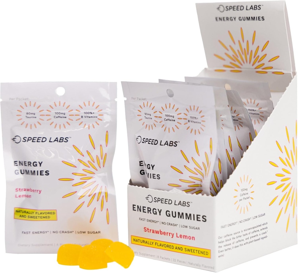 Laboratorios de velocidad Caffeine Energy Gummies Strawberry Lemon Natural, 25 mg de cafeína, Taurine, B-Vitamins por pieza, 32 piezas (8 paquetes) Vegan, Gluten Gratis, 1g Añadido Sugar
