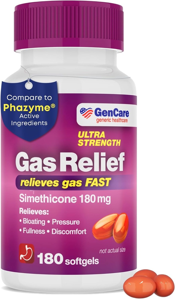 GenCare - Ultra Strength Simethicone Gas Relief 180 mg (180 Softgels) tóxico Anti Flatulence, Bloating Aid, Stomach Discomfort and Gas Pressure Relieve Pills ← Relieves Gas Fast  durable Genérico Phazym