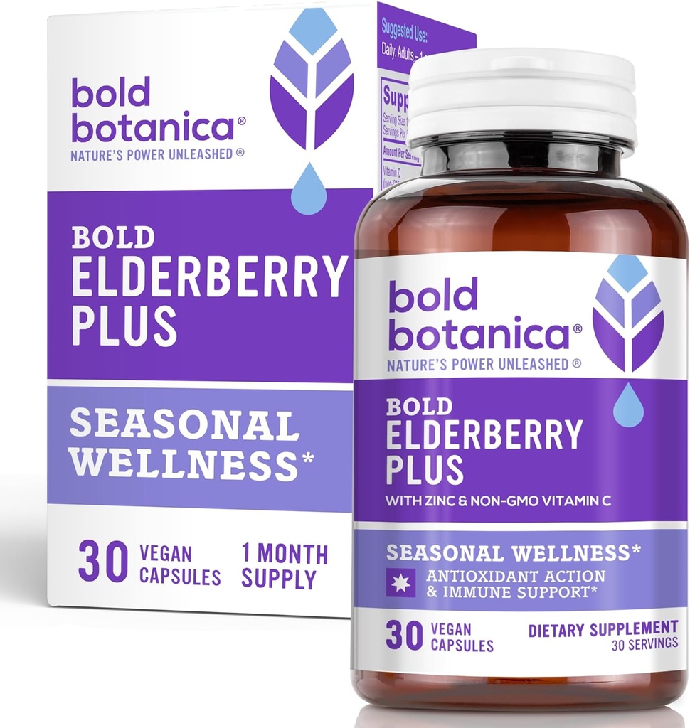Bold Botanica Elderberry Plus - 65x Concentrated Black Elderberry Extract with Zinc &amp; Vitamin C for Daily Immune Support &amp; Seasonal Wellness - Non-GMO, 30 Vegan Capsules