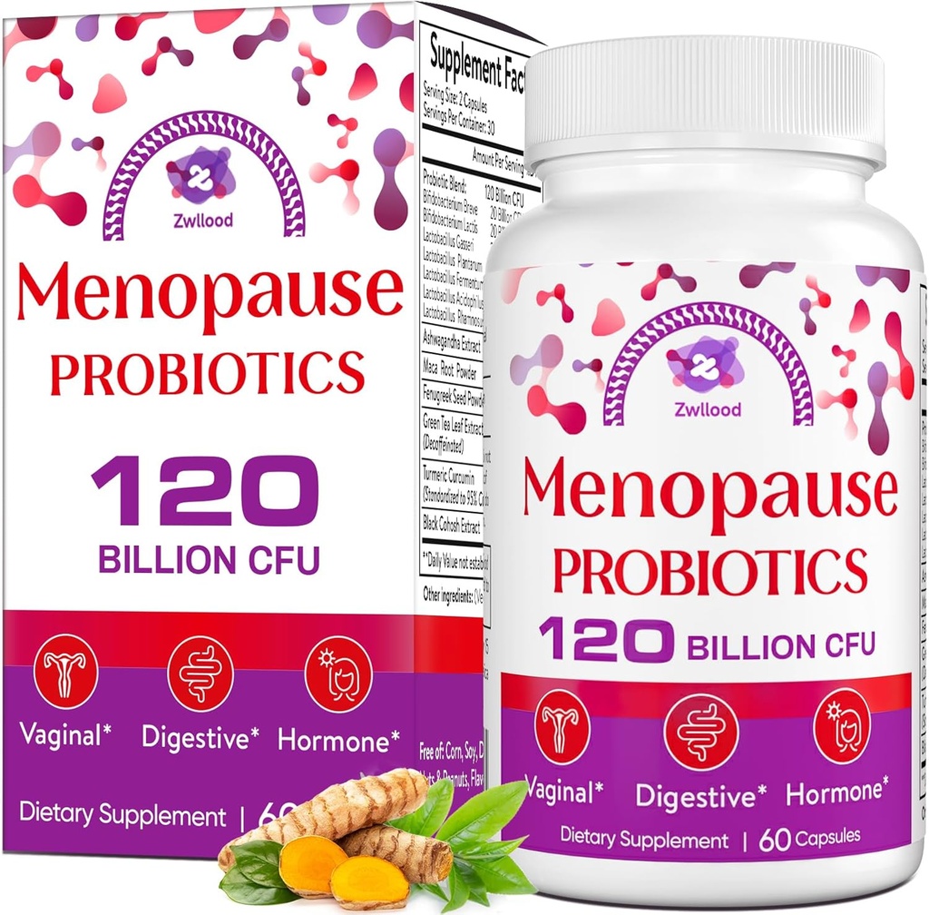 Suplementos de menopausia para mujeres, 120 Billones CFU Menopause Probióticos para mujeres, Probiótico All-Natural para flashes calientes Menopause, sudaderas nocturnas, mudas, Gut y hormona - 60 cápsulas herbales