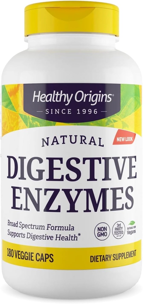 Orígenes saludables Enzymes digestivos (Broad Spectrum, Non-GMO, Gluten Free, Digestive Support), 180 Veggie Caps