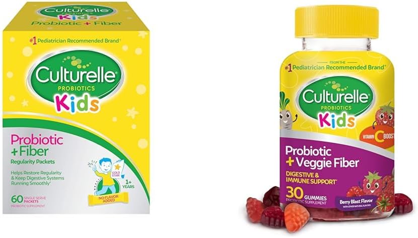 Culturelle Kids Probiotic + Fiber Packets (Ages 3+) - 60 Count & Daily Probiotic for Kids + Veggie Fiber Gummies (Ages 3+) - 30 Count - Digestive Health & Immune Support Berry Flavor with a Vitamin C