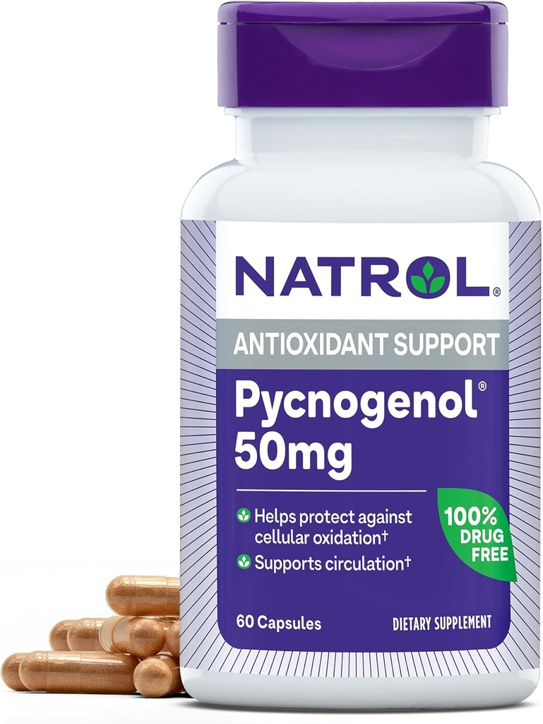 Natrol Pycnogenol Capsules, Protección Antioxidante, Suplemento Protege contra la oxidación celular y los daños relacionados con la edad, European Maritime Pine Bark Extract, Support Circulation, 50 mg, 60 Count