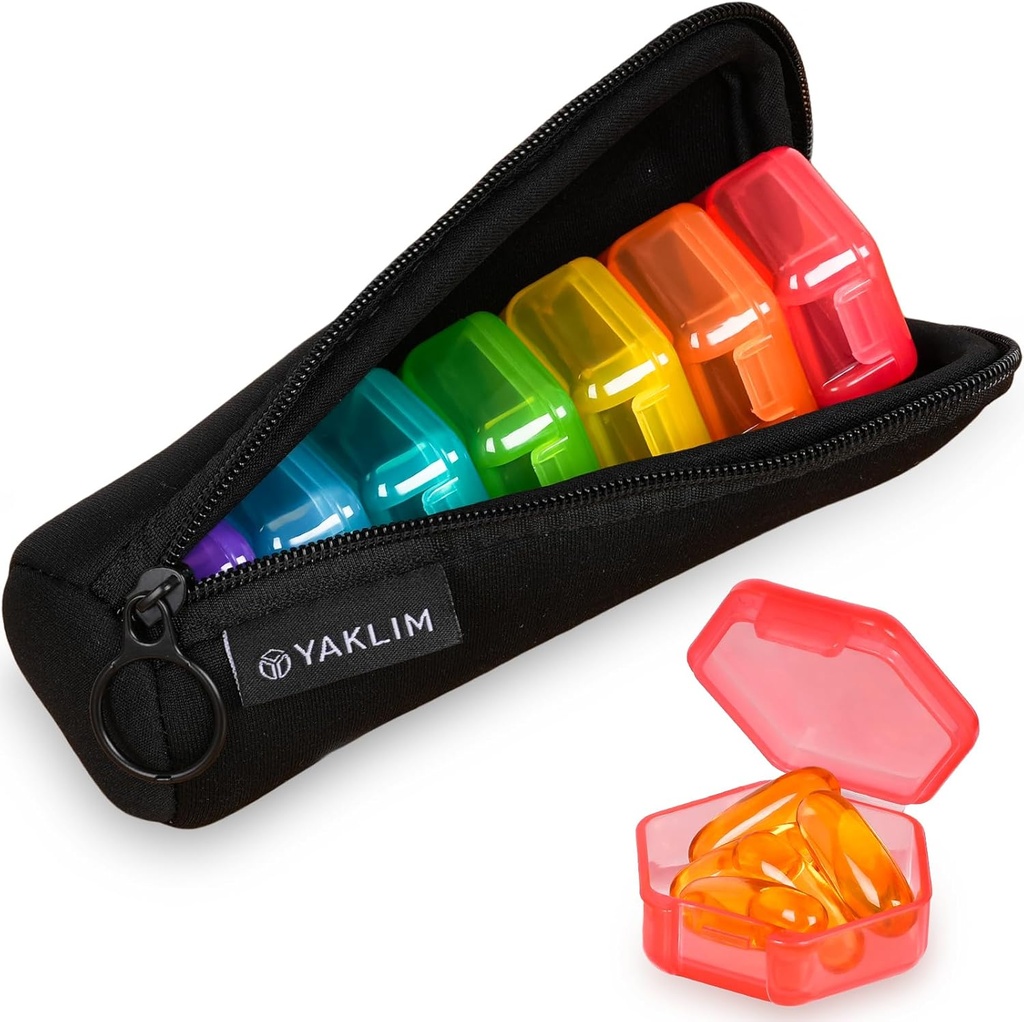 Caja pequeña de píldoras, 7 paquetes caja de la pila de viaje con bolsa, mini organizador de la píldora para el bolsillo, caja de vitaminas de medicina portátil diaria, caja de aceite de pescado, caja de suplementos