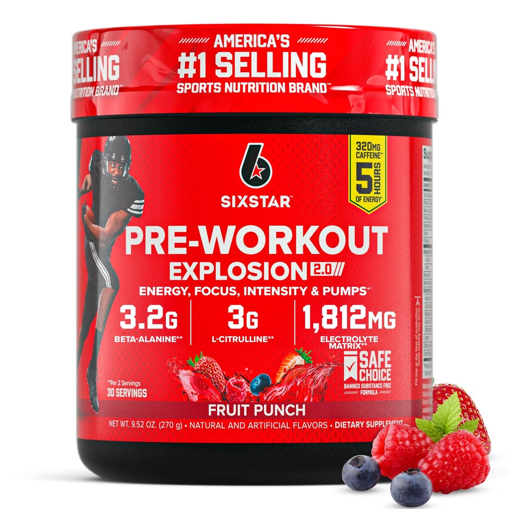 Powder Pre-Workout de seis estrellas para hombres y mujeres, Fruit Punch (30 servidos) - Preworkout Explosion 2.0 Energy Powder Drink Mix with Beta-Alanine &amp; Caffeine - Sports Nutrition Supplement Products