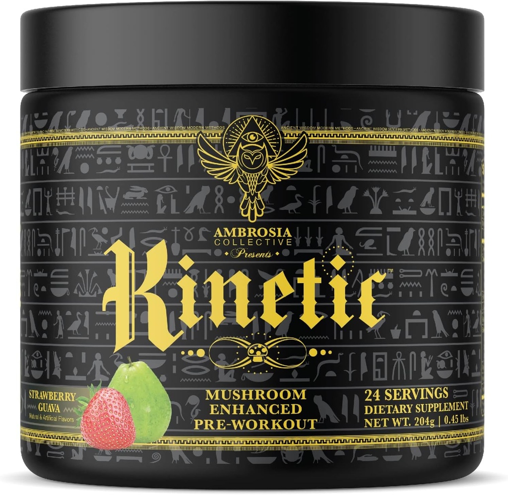 Ambrosia Kinetic Organic Preworkout, Mushroom Enhanced Natural Pre Workout Suplemento, Nootropic Superfood Powder for Energy (Strawberry Guava)