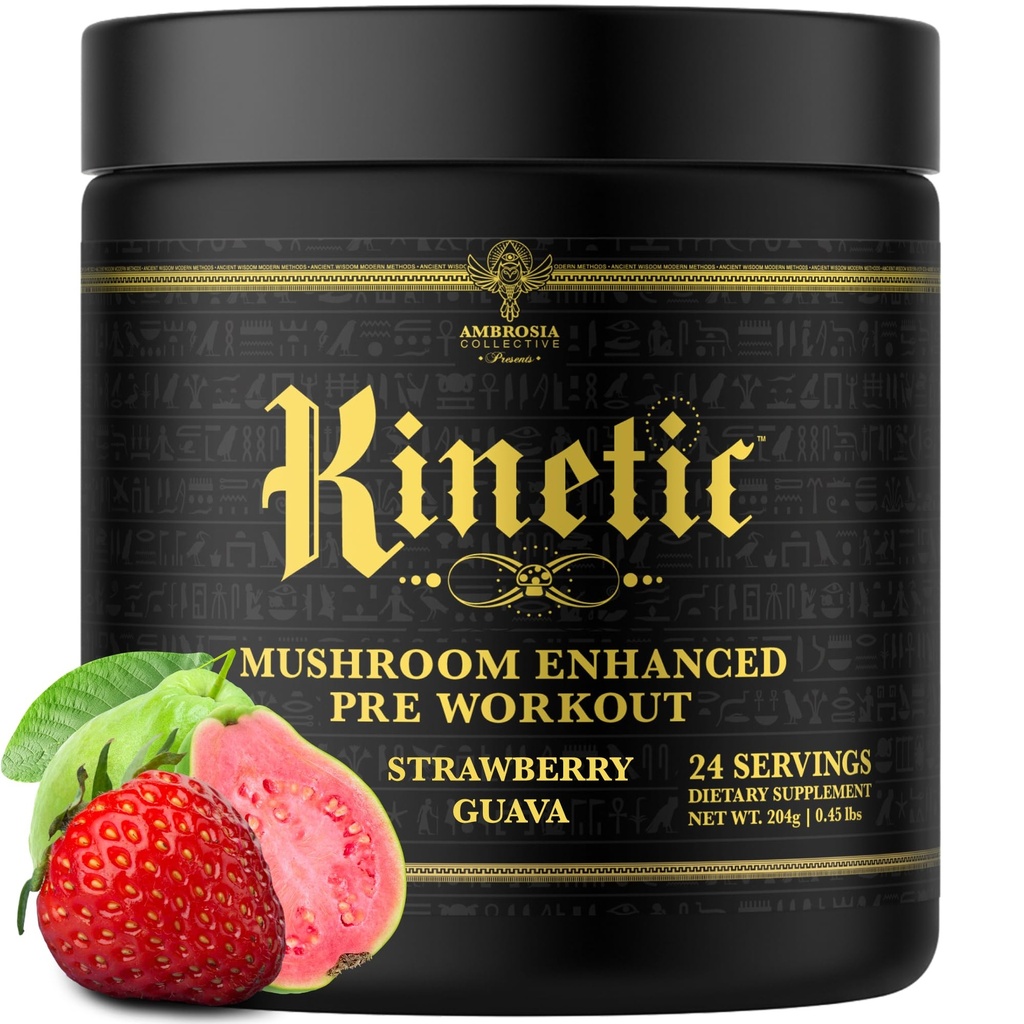 Ambrosia Kinetic Organic Preworkout, Mushroom Enhanced Natural Pre Workout Suplemento, Nootropic Superfood Powder for Energy (Strawberry Guava)