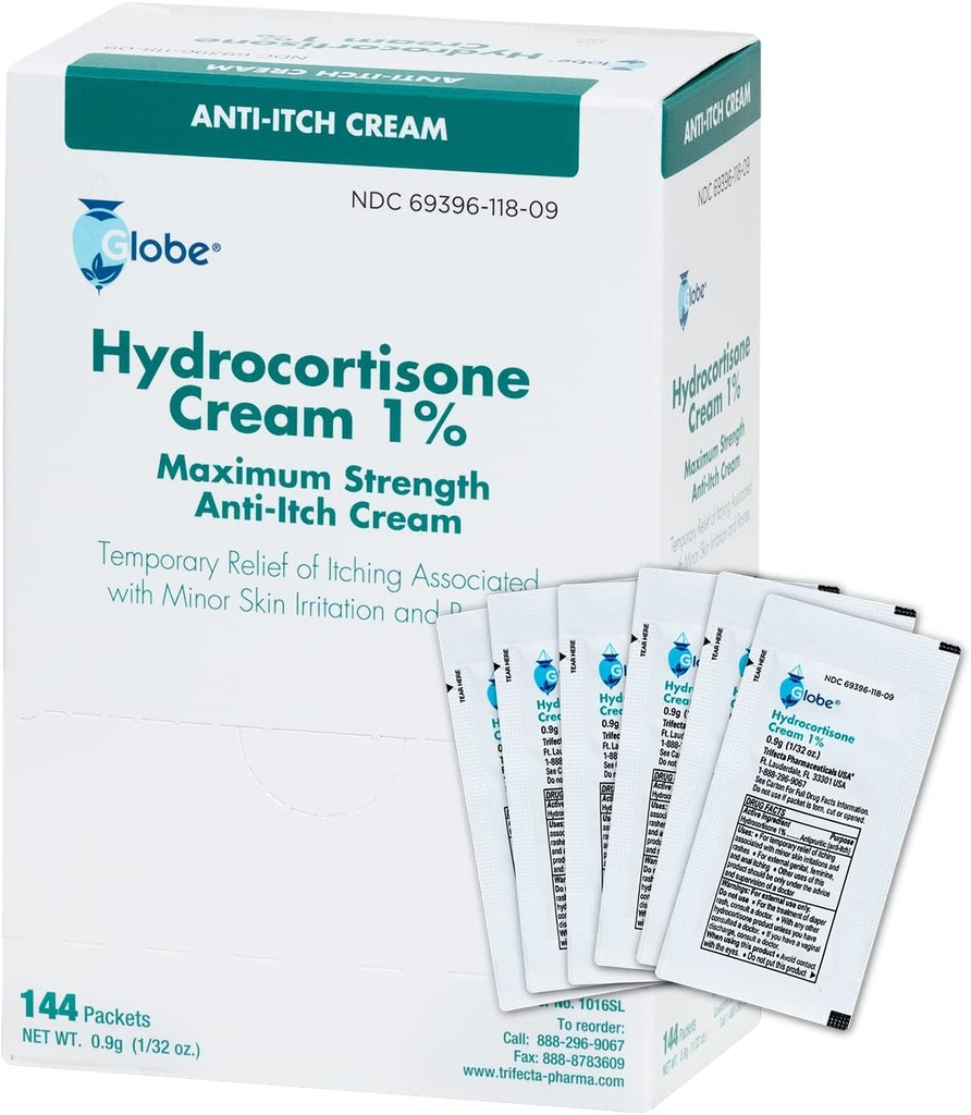 Globo (Box 144 Hidrocortisona 1% Crema de fuerza máxima, (0.9g Single Packet) Crema anti-Itch para el enrojecimiento, hinchazón, picazón, sarpullido, bug/Mosquito Bites, Eczema, Hemorrhoids &amp; More