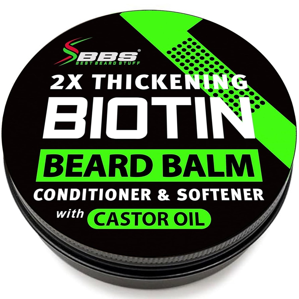 Biotin Beard Balm for Men - 2X Thickening for Beard and Mustache - Organic Mustache Wax with Castor Oil &amp; Meadowfoam – Hydrating Facial Hair Growth Balm &amp; Leave-In Conditioner