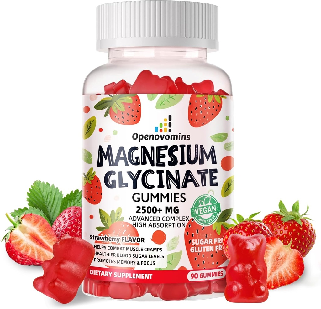 Magnesio Glycinate Gummies 2500mg - Suplemento de Potasio de Magnesio Libre de Azúcar con Vitamina D, B6, CoQ10 para calma Mood &amp; Sleep Support - 90 Strawberry Gummies