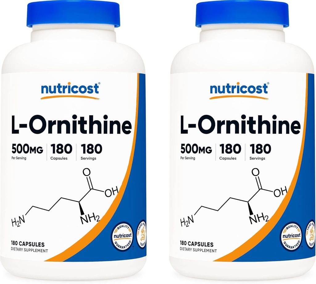 Nutricost L-Ornithine 500mg; 180 cápsulas (2 botellas)