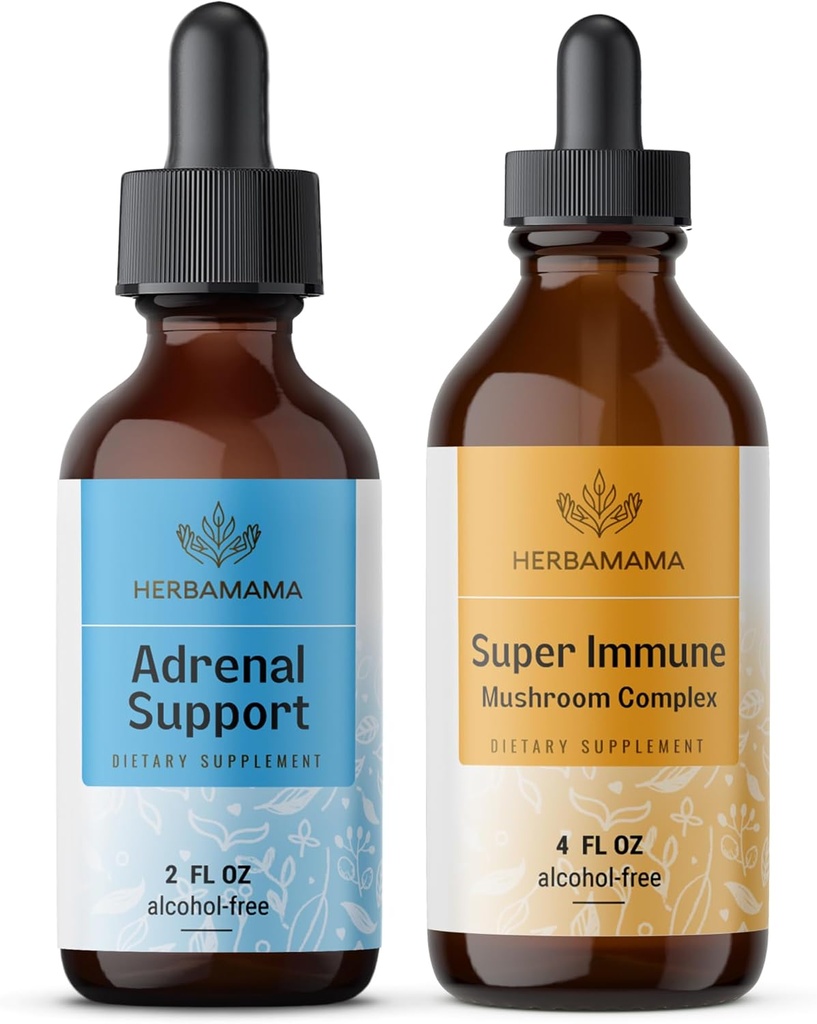 HerBAMAMA Soporte Adrenal y Super Immune Mushrom Blend Kit - Bundle of Liquid Adrenal Support Complex 2 fl oz & Super Immune Mushroom Drops 4 fl oz - Vegan, Non-GMO, Sugar &amp; Alcohol-Free - 2 Pack