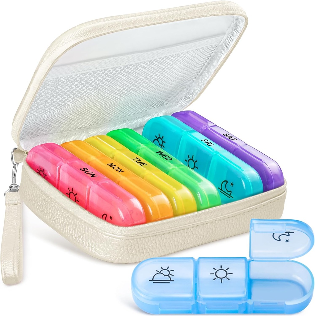 Organizador de píldoras lindo 3 veces al día, gran caja de píldoras diarias para las mujeres, caja de píldoras portátil 7 día para el placer con bolsa & cremallera para contener vitaminas, medicamentos, aceites de pescado, suplementos (Beige)