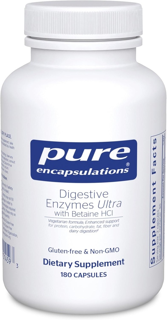 Encapsulaciones puras Enzimas digestivas Ultra con Betaine HCl - Vegetarian Digestive Enzyme Suplemento de Apoyo Proteína, Carb, Fibra y Digestión Láctea* - 180 cápsulas