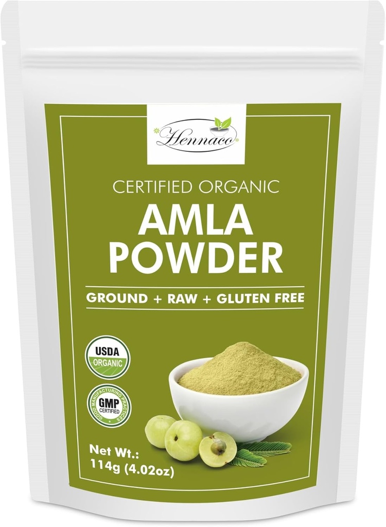 hennaco Orgánica Amla Powder Tortura Amla Powder for Cooking, Smoothies, and Juices ← Resealable Zip Lock Pouch ¦ USDA Orgánica India Pure & Natural Gooseberry Powder sometida 114 Grams (4 OZ)