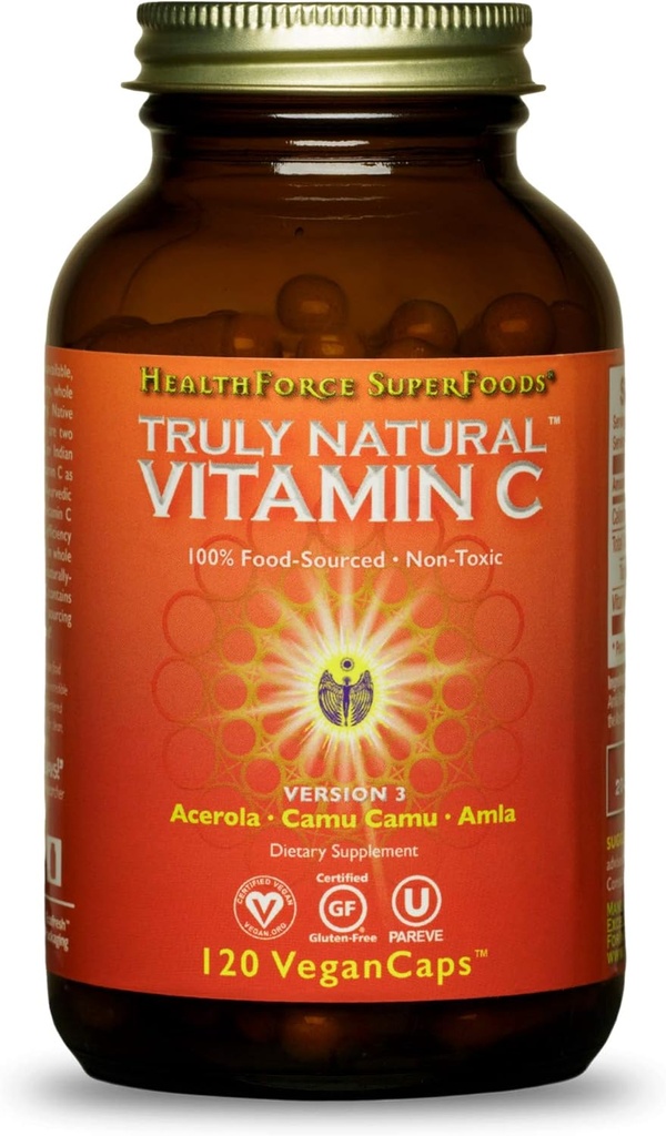 SUPERFOODES DE HEALTHFORCE Verdaderamente Vitamina Natural C - Suplemento de Apoyo Inmunitario con Camu Berry - Suplemento de Vitamina C para la Salud Inmune - Vegan, No GMO - 120 cápsulas Vegan, 15 piezas