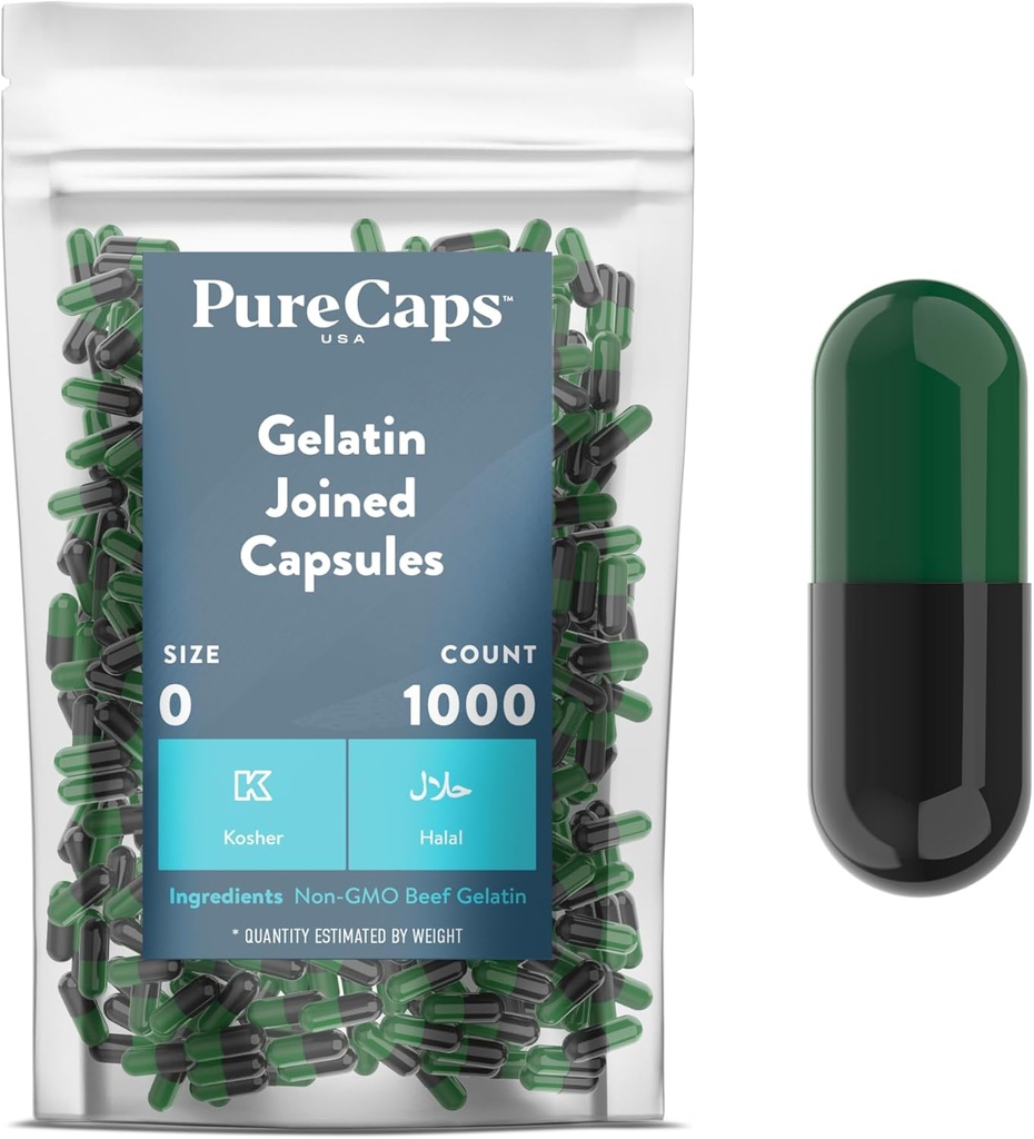 PureCaps USA - Empty Gelatin Capsules Tamaño 0 vírgenes 1,000 Únete a Pills Todd Green/Black sufrimiento Non-GMO Certified ¦ SLS, Gluten, Preservative Free