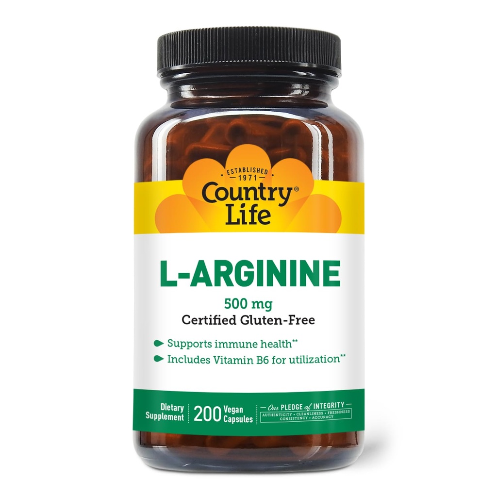 Country Life L-Arginine Caps with Vitamin B-6, 500mg, 200 Vegan Capsules, Certified Gluten Free, Certified Vegan