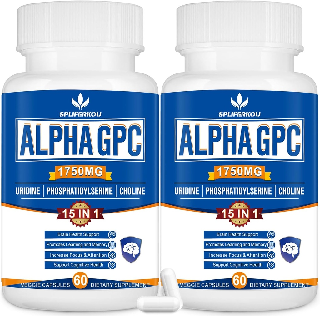 15-in-1 Alpha GPC Supplement with Phosphatidylserine, Uridine, L-Theanine, Lion's Mane Mushroom, 120 Capsules
