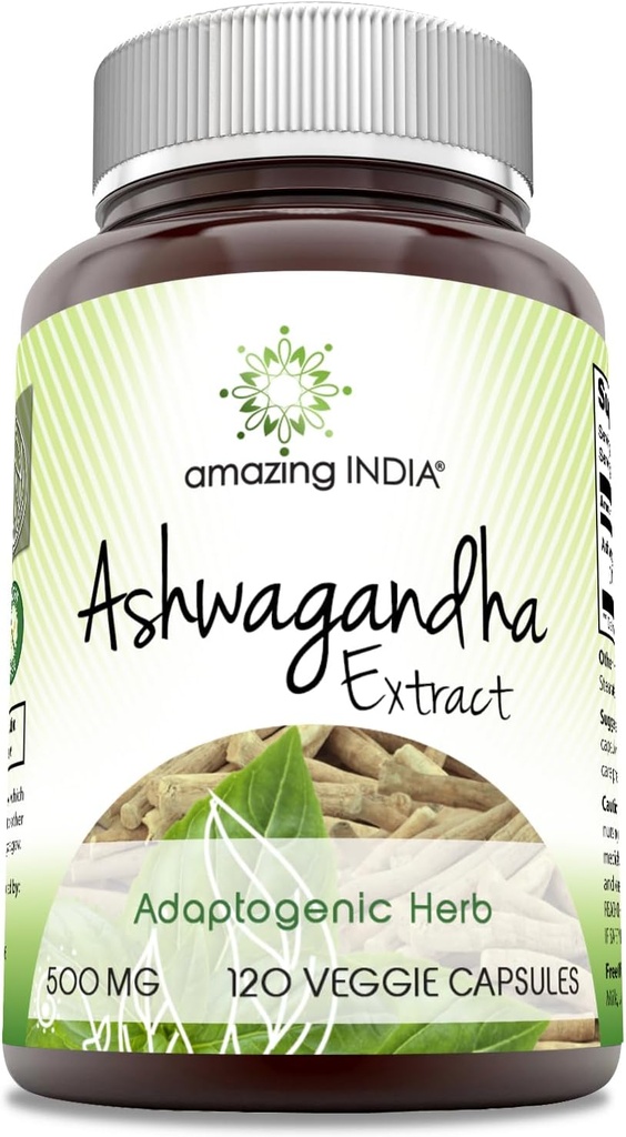Increíble India Ashwagandha 500 mg Veggie Capsules Suplemento Silencio Hecho con natural Ashwagandha Silencio No-GMO Silencio Gluten Gratis (120 Conde)