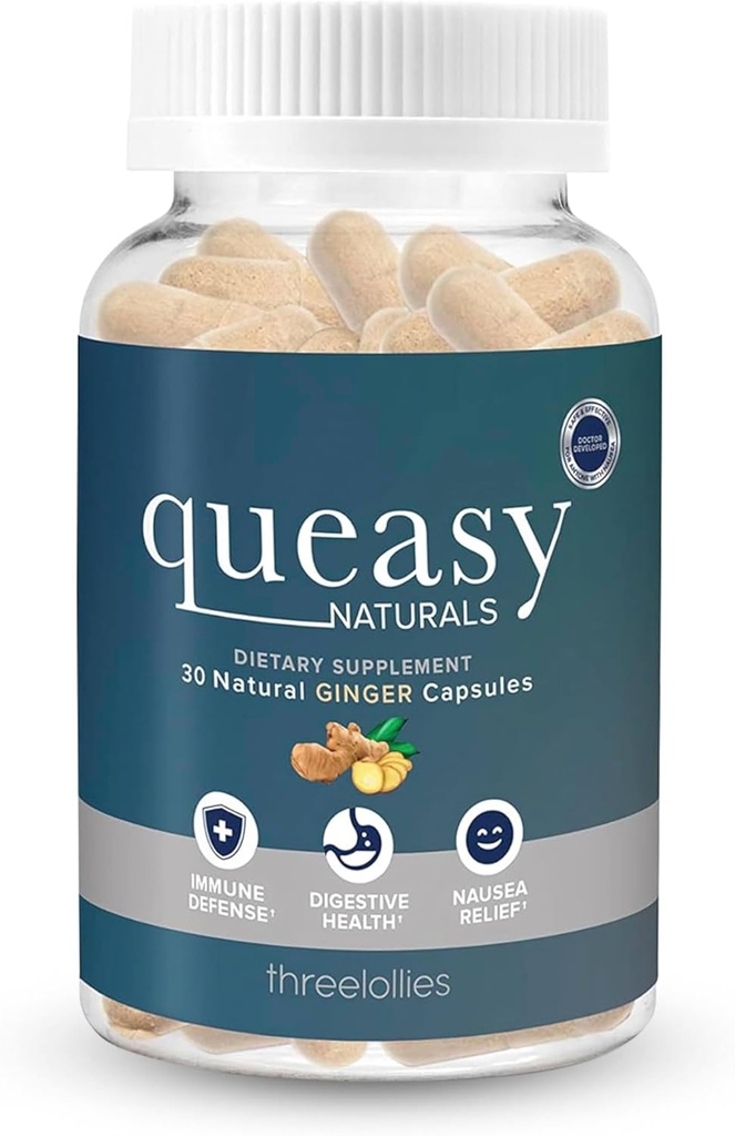 Tres Lollies Queasy Naturals Ginger Capsules - Suplemento de Alivio de la Nausea No Duros - Prevención de Enfermedades Moción &amp; Alivio de Nausea durante la quimioterapia - 1000mg Ginger Root - 30 Caps