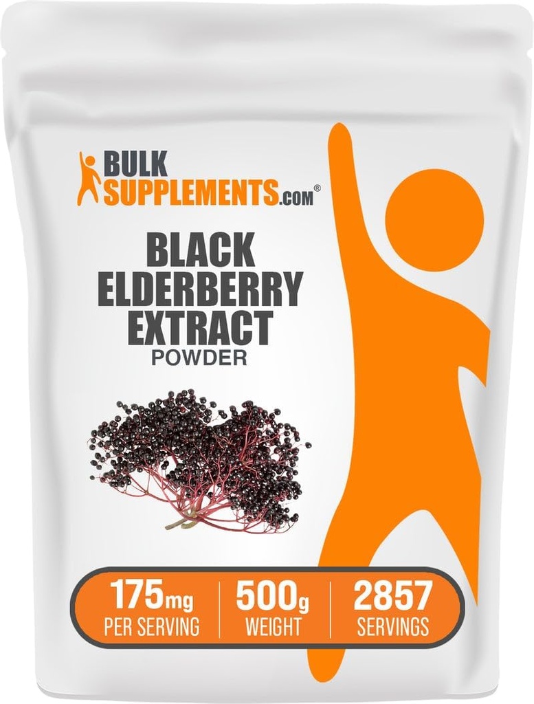 BulkSupplements.com Extract Powder - Elderberries Fuente de Black Elderbrry, Immune Support Supplement - Gluten Free - 175mg por Serving, 500g (1.1 lbs) (Pack of 1)