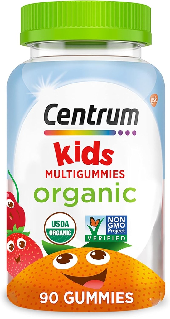 Multigummies orgánicas de los niños centrum, Gummies multivitamínicas para niños, multivitamínico orgánico para niños con nutrientes esenciales para el apoyo inmunitario, función muscular y salud cerebral - 90 Condes