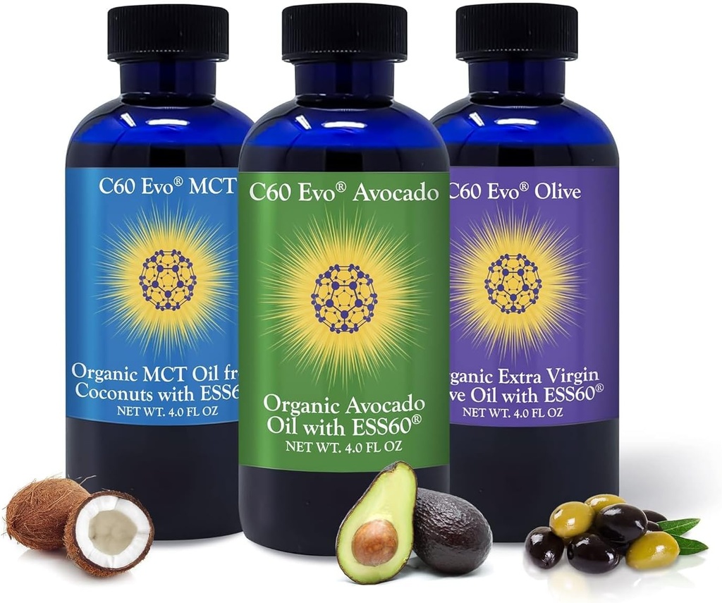 Aceites comestibles All-Natural, 4oz Sampler Set con Pure C60 ESS60, Immune Support and Joint Support Suplemento con aceite de oliva, aceite de aguacate y aceite de coco MCT, Conjunto de 3, 4 oz