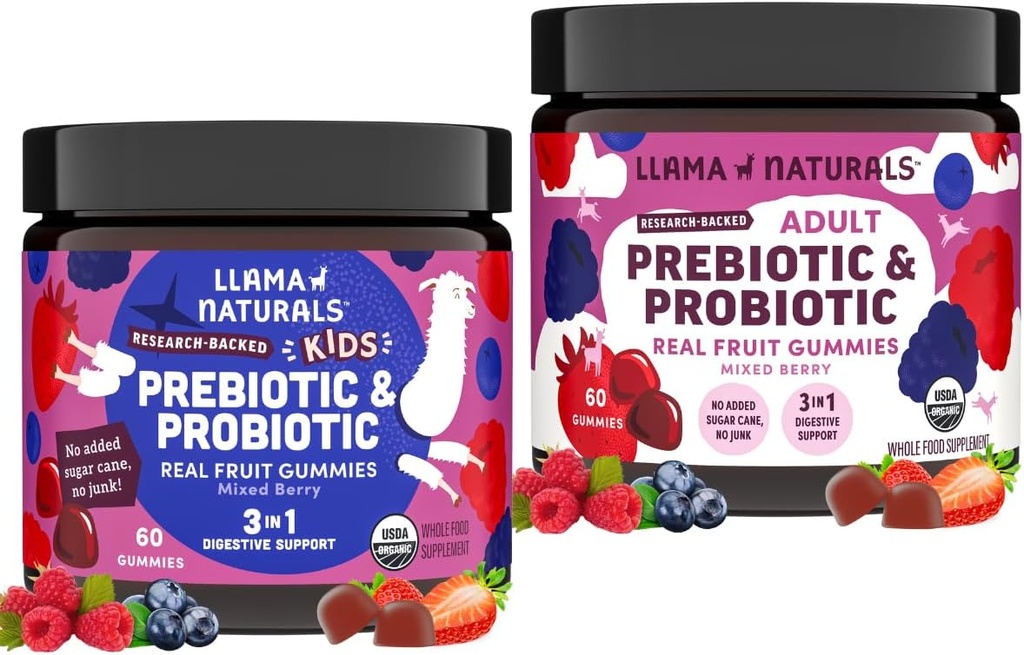 Llama Naturals Niños Pre " Gummies Probióticos + Adulto Pre " Probióticos Bundle Silencio No Añadido Cana de Azúcar Silencio Vegan Silencio Orgánica ← Sabor de Berry Mixed ← 2 Botellas