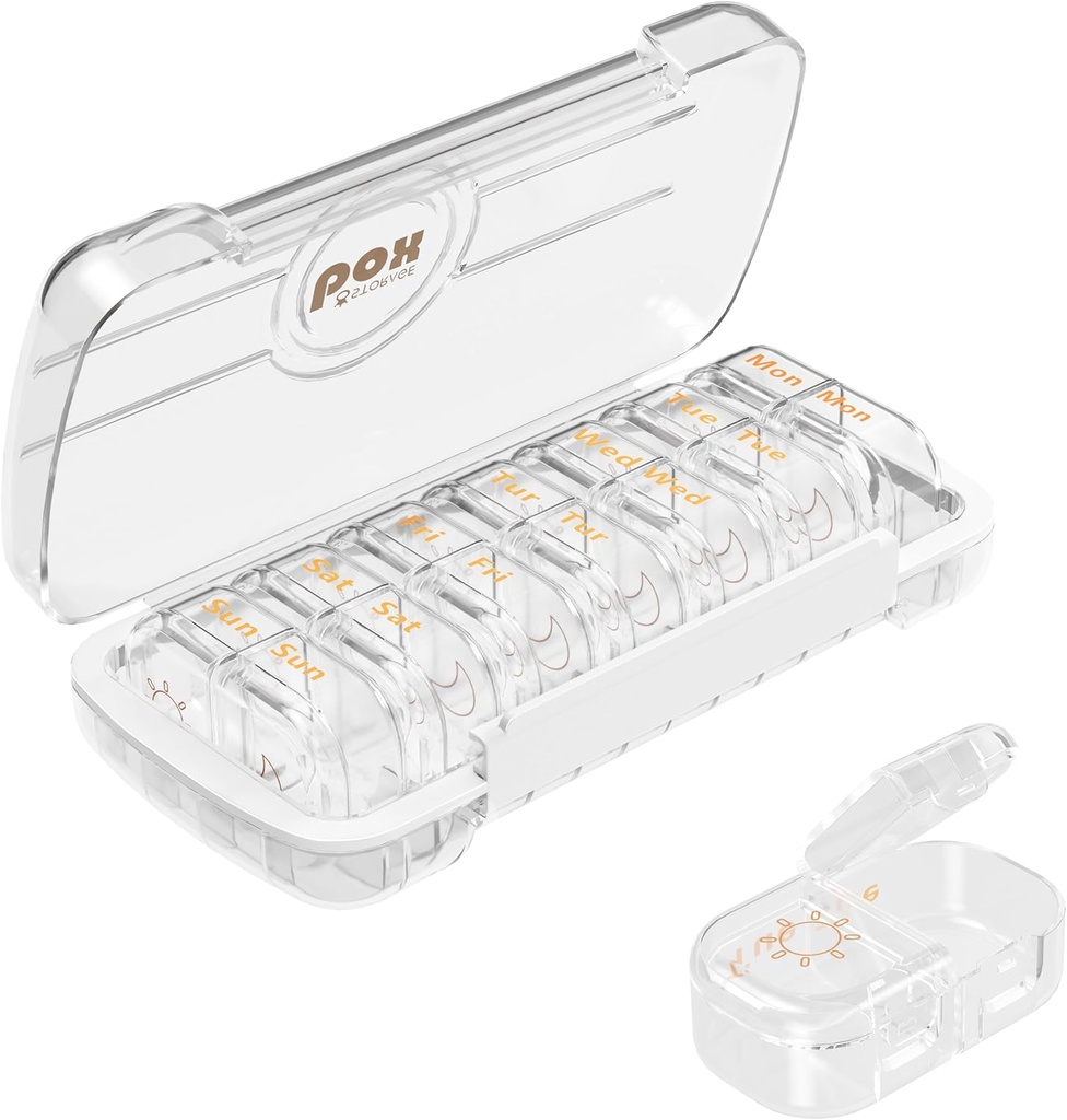 HBlife Organizador y dispensador semanal de píldoras 2 veces al día, Daily AM y PM Contenedor de caja de carga de viaje 7 días para vitaminas, medicamentos, suplementos y aceite de pescado, Caso de difusor de medicina impermeable