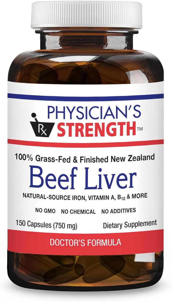 Physician's Strength Beef Liver - 150 Capsules - Natural Source of Iron, Vitamin A & B12 - 100% Grass Fed - Non-GMO & No Additives - 30 Servings