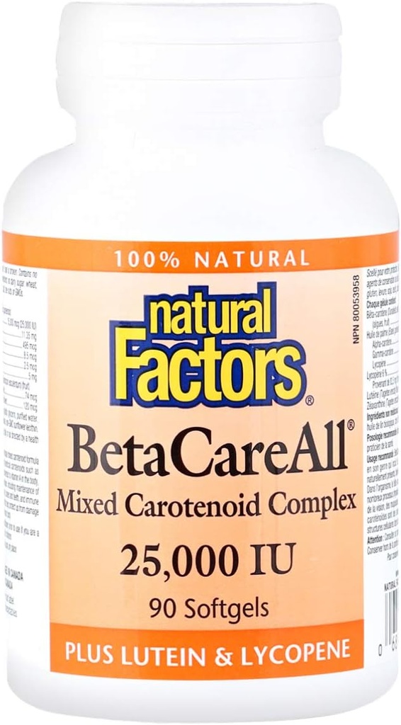 Natural Factors, BetaCareAll 25,000 IU, Vitamin A for Healthy Skin, Vision and Immune Function, 90 Softgels