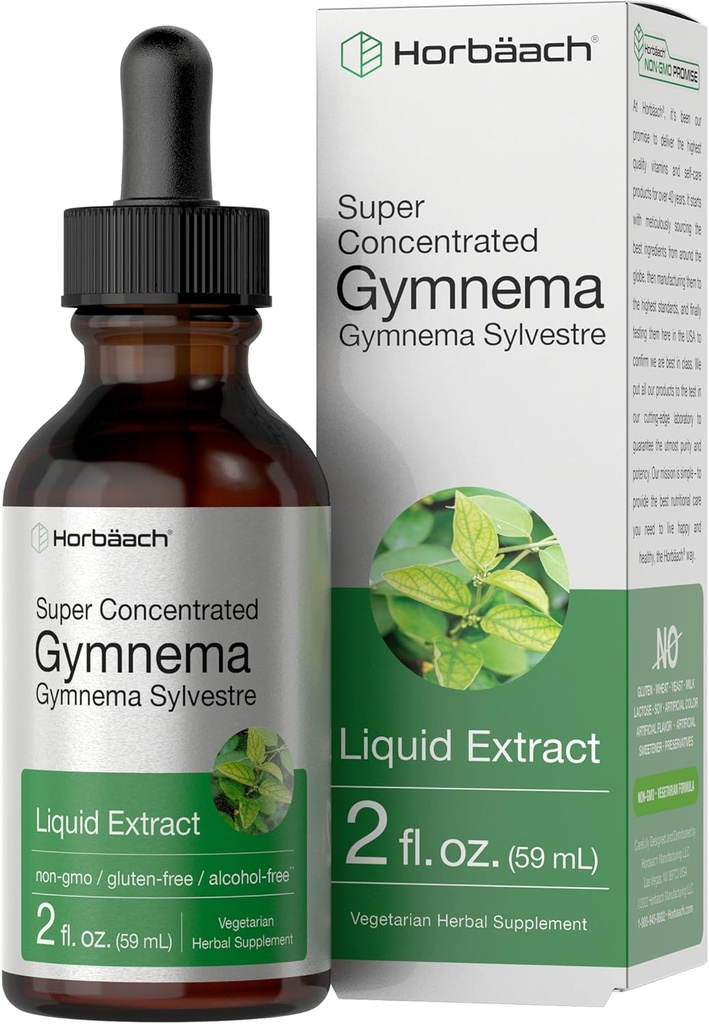 Horbäach Gymnema Sylvestre Líquido Extracto TENIDO 2 fl oz TENIDO Alcohol Free Drops ANTE Super Concentrated Supplement Tincture ANTE Vegetarian, Non-GMO, Gluten Free