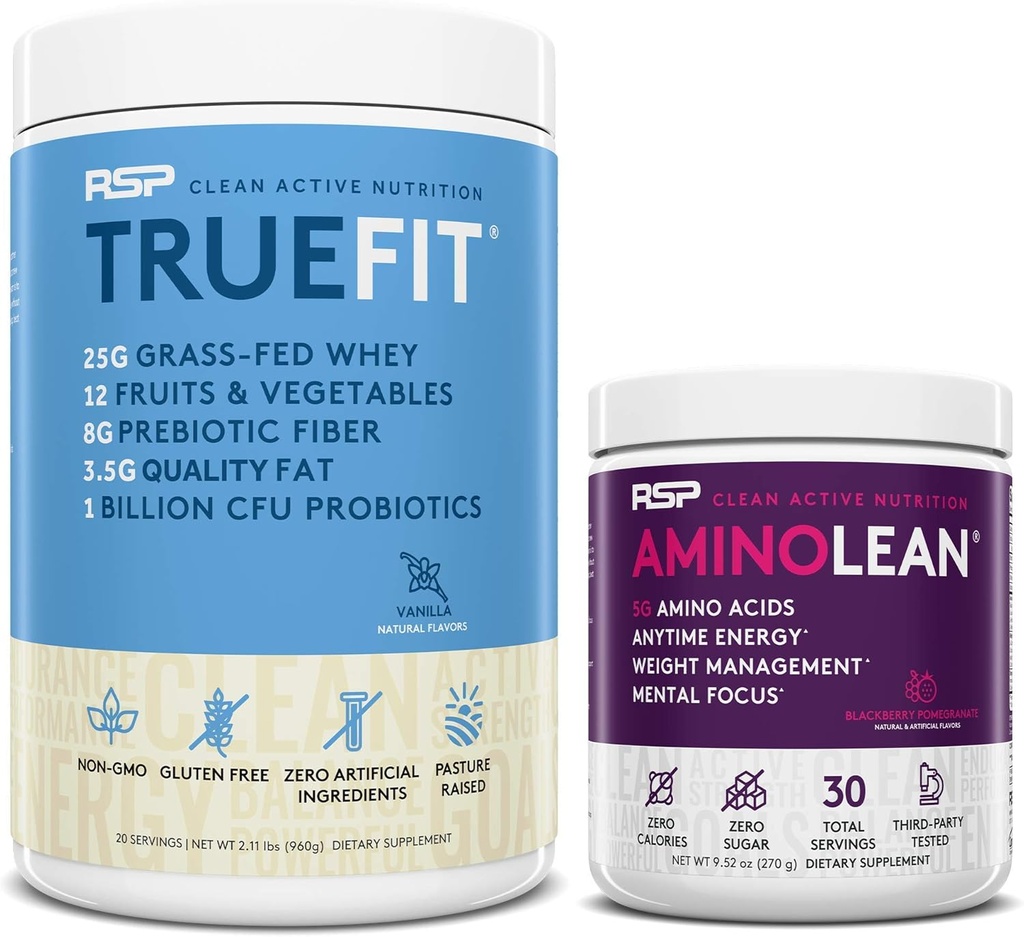 RSP NUTRITION AminoLean Pre Workout Energy (BlackBerry Pomegranate 30 Servings) con TrueFit Protein Powder (Vanilla 2 LB)