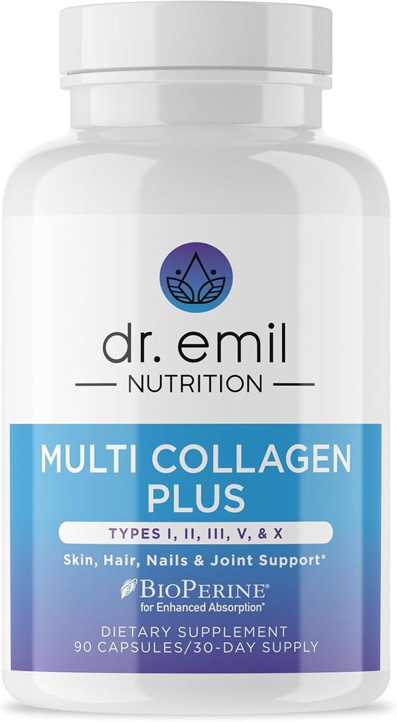 DR. EMIL NUTRITION Píldoras multi colágeno para mujeres  sometidas Suplementos colágeno Silencioso Apoyo para el cabello, la piel, las uñas " articulaciones  durable Suplementos colágeno hidrolizado ← Tipos I, II, III, V " X  durable 90 cápsulas