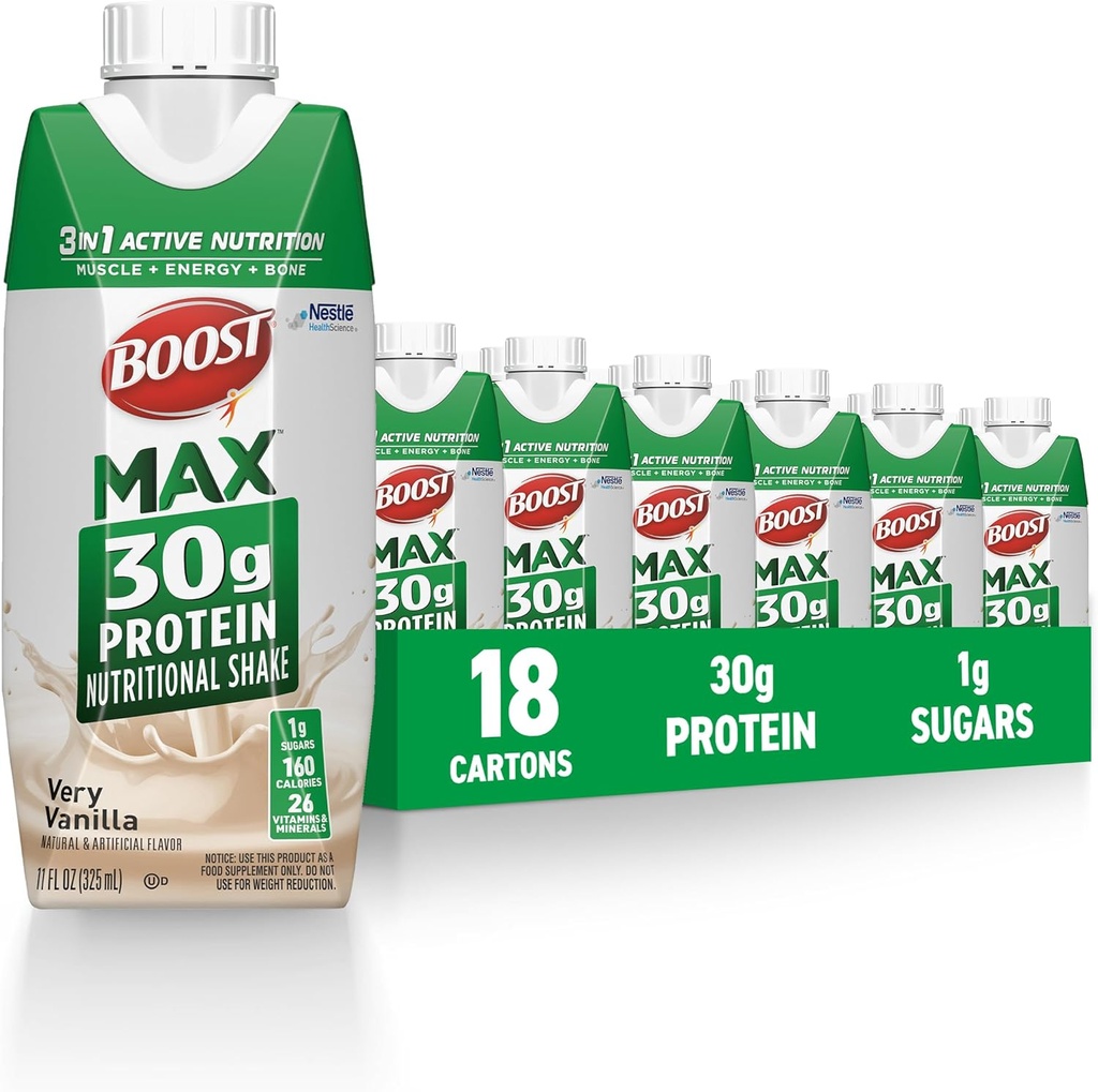 BOOST MAX Protein Shakes Listo para beber - 30g High Protein Shake - Vainilla  durable Bebidas nutricionales para apoyar la recuperación muscular después del ejercicio, 26 Vitaminas &amp; Minerales, 1g Sugar, 11 fl oz (Pack of 18)