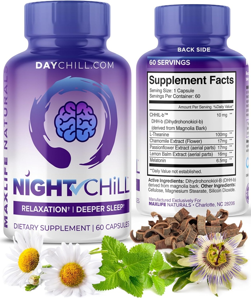 Suplemento de sueño de peluquería nocturna – 60 cápsulas - Apoyo al sueño relajante con DHH-B de Magnolia Bark y L-Theanine Suplemento - Stress Calm Mood Support - Pills para dormir para adultos por MaxLife Naturals