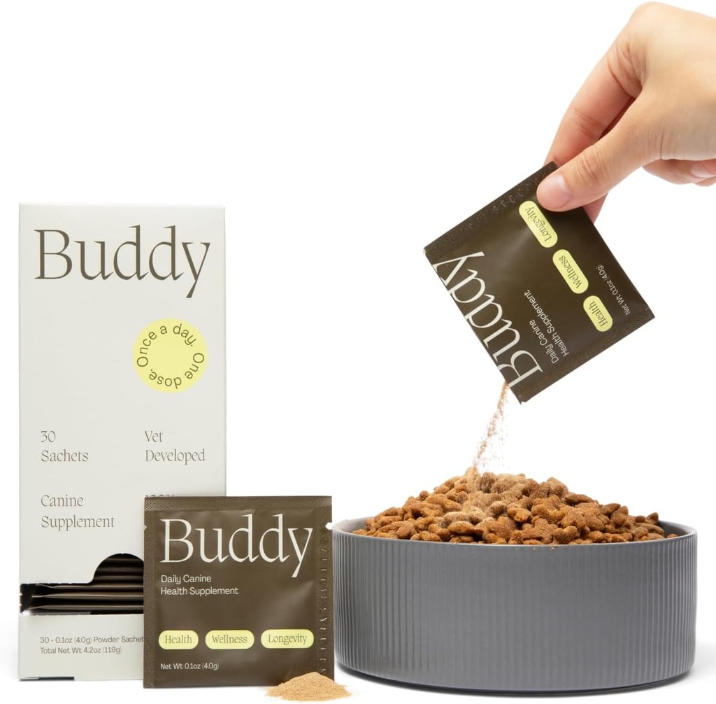 Buddy 10-in-1 Daily Dog Multivitamin Supplement (Meal Topper) - 23 Active Ingredients w/No Filler - 10 Beneficios esenciales - Hip &amp; Joint, Skin & Coat, Digestion