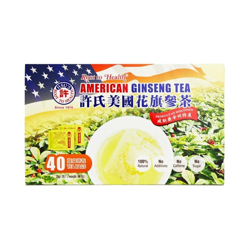 Hsu’s American Ginseng Tea Bags | 100% Wisconsin-Cultivated Caffeine Free, Vegan, Gluten Free Herbal Wellness Tea- 40 bags