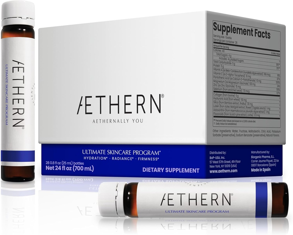 Suplemento de piel líquida con colágeno + ácido hialurónico. Listo para beber. Probada clínicamente para Glowing, Hydrated y Firm Derma. Protección UV. 28 Serviciones. Ultimate Skincare Program