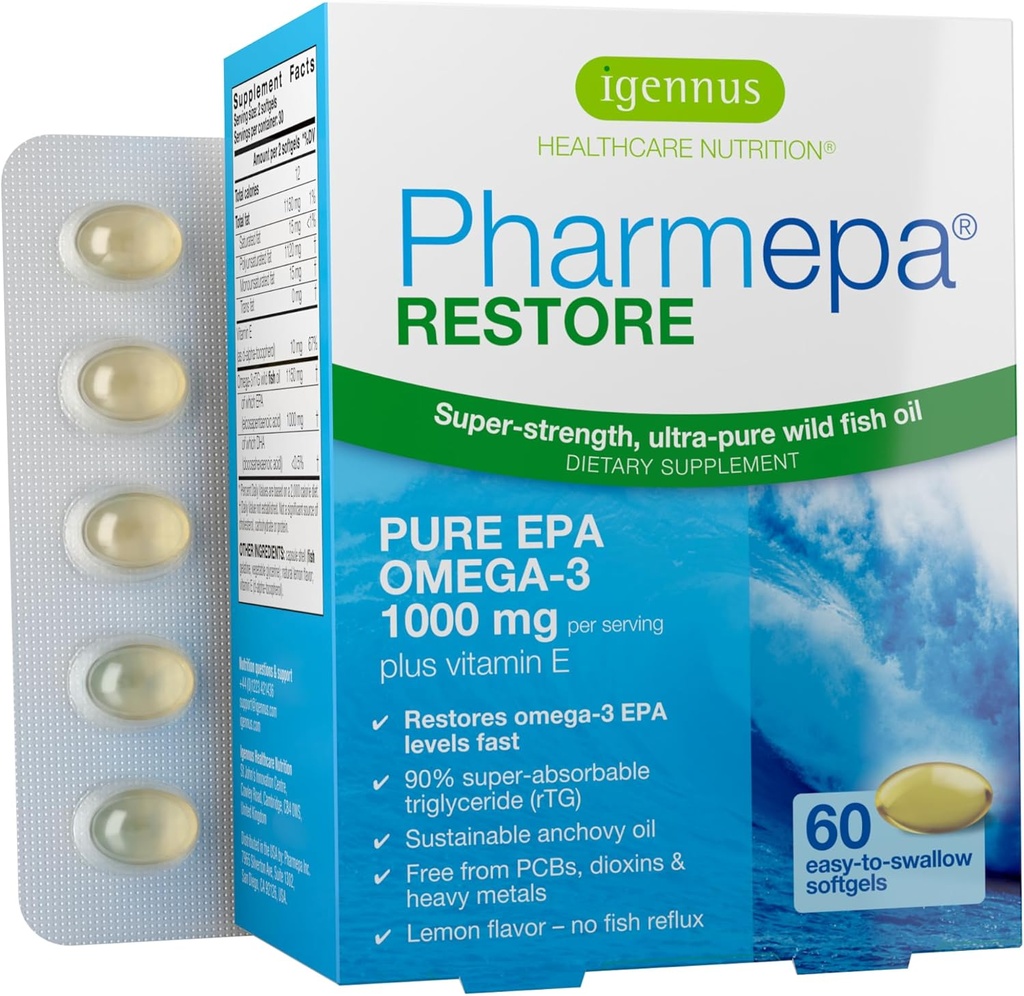 Igennus Pharmepa Restore, Pura EPA 1000mg, Omega 3 rTG Fish Oil, IFOS Certified, Alta Absorción, 90% Concentración Triple Fuerza, Salvaje &amp; Sostenible, Lemon Flavor, 1-Month Supply, 60 Softgels