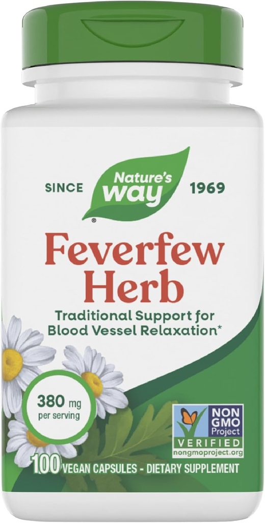 Camino de la Naturaleza Feverfew Herb, Apoyo Tradicional para la Relajación de los vasos sanguíneos*, 380 mg por Serving, Proyecto no OGM Verificado, 100 cápsulas de feto vegano (Paquete May Vary)