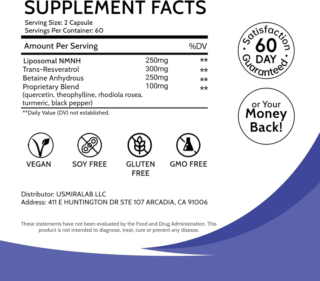 Suplemento Liposomal NMNH para la energía de las mujeres: Alternativa NMN + Trans-Resveratrol + TMG ← Boosts NAD+ Niveles, Regeneración Celular & Habilidad Radiante - 60 días de edad Fórmula 7
