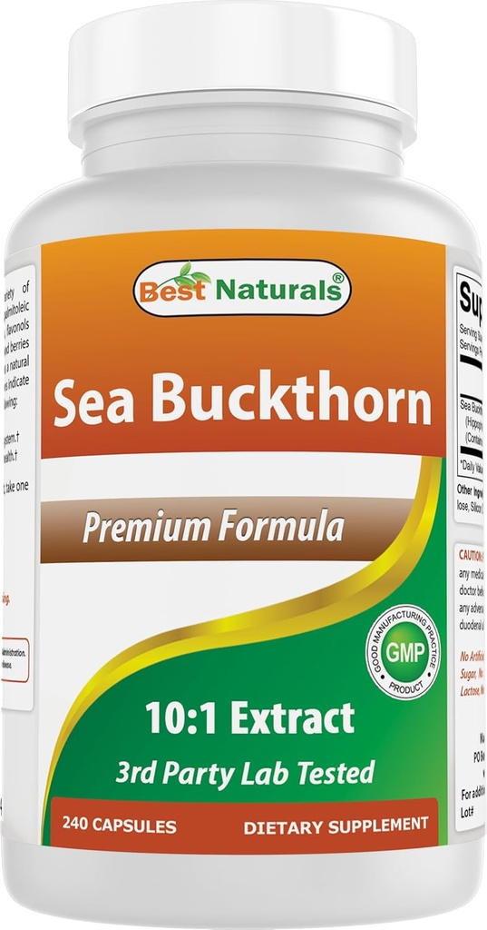 Mejores Naturales Sea Buckthorn Oil Powder Extracto 10:1 500 mg 240 Cápsulas - No GMO, Gluten Libre - Contiene Naturalmente Occuring Omega-7 Palmetoleic Acid